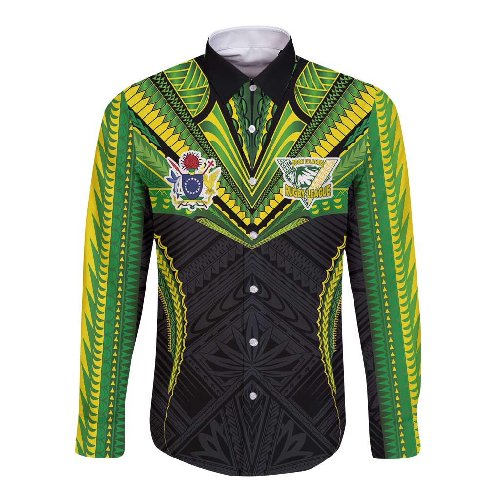 Custom Cook Islands Rugby Long Sleeve Button Shirt Tatau Art Sport Style Black Color