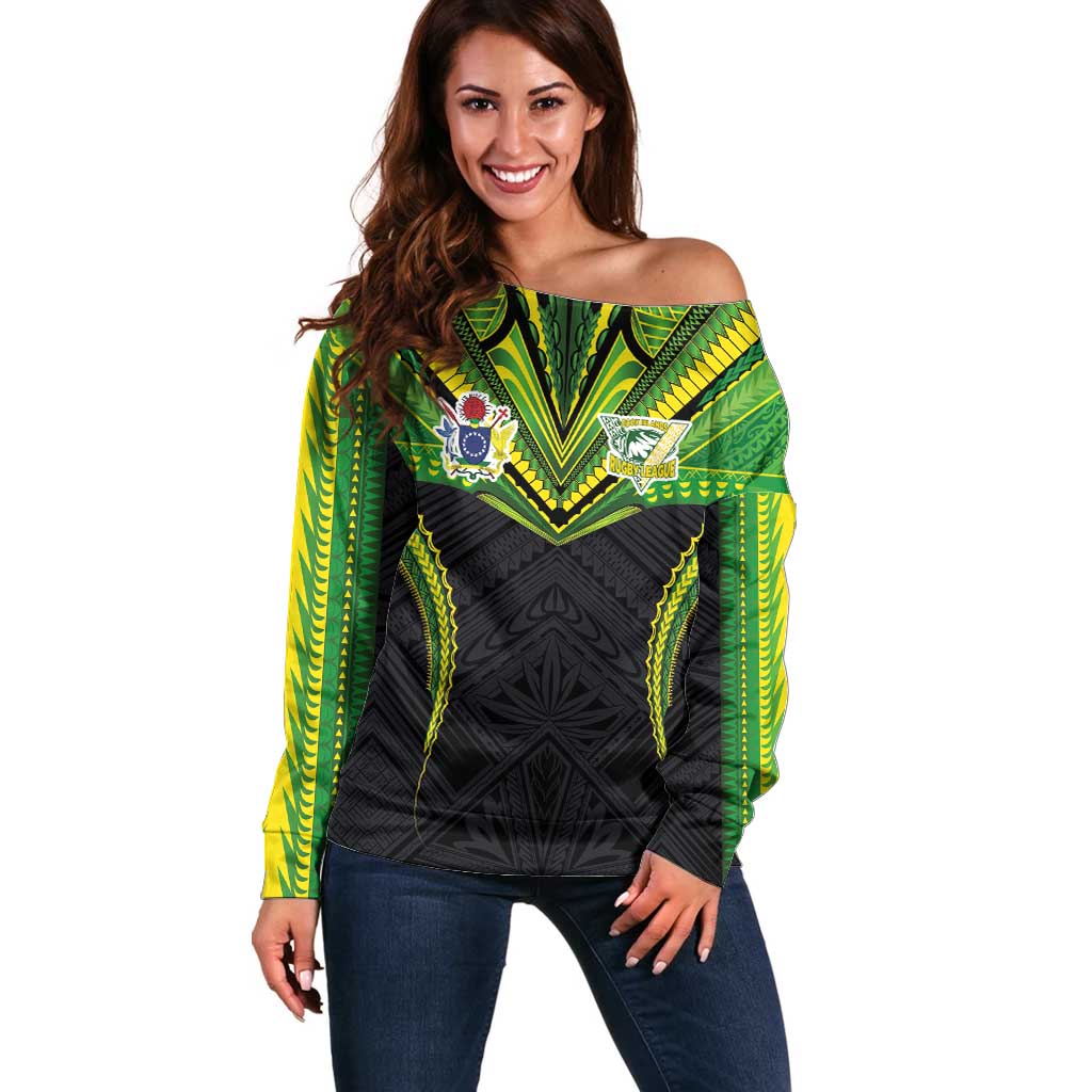 Custom Cook Islands Rugby Off Shoulder Sweater Tatau Art Sport Style Black Color