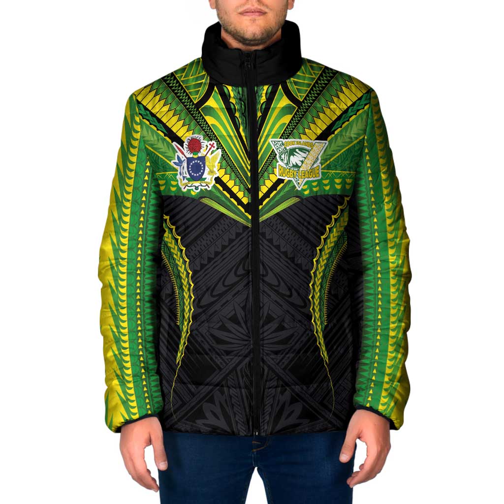 Custom Cook Islands Rugby Padded Jacket Tatau Art Sport Style Black Color