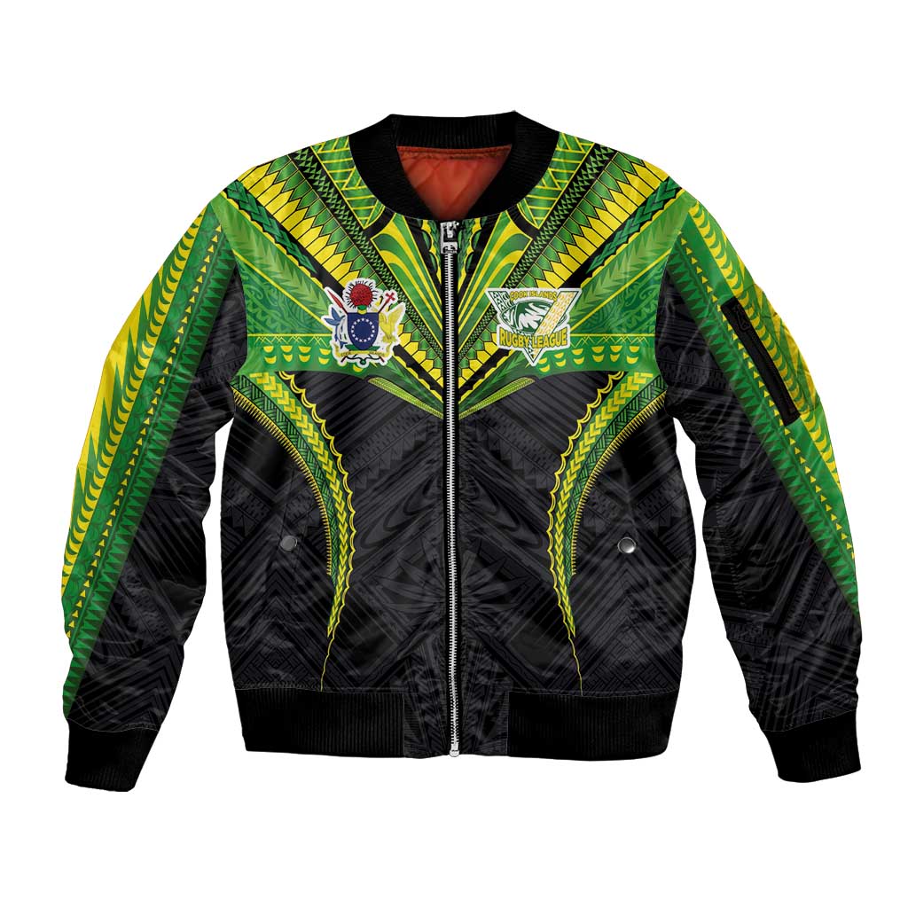 Custom Cook Islands Rugby Sleeve Zip Bomber Jacket Tatau Art Sport Style Black Color
