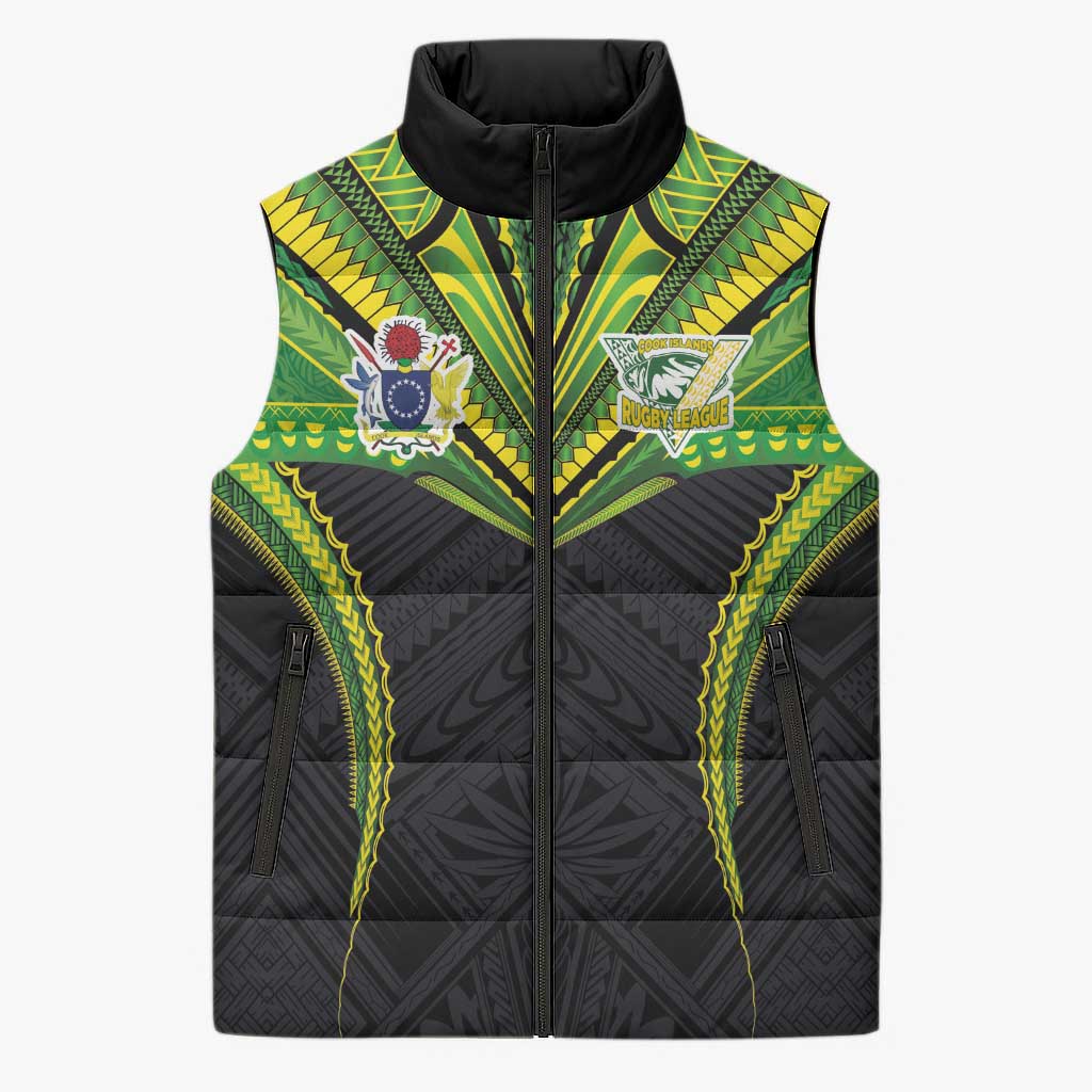 Custom Cook Islands Rugby Sleeveless Puffer Jacket Tatau Art Sport Style Black Color