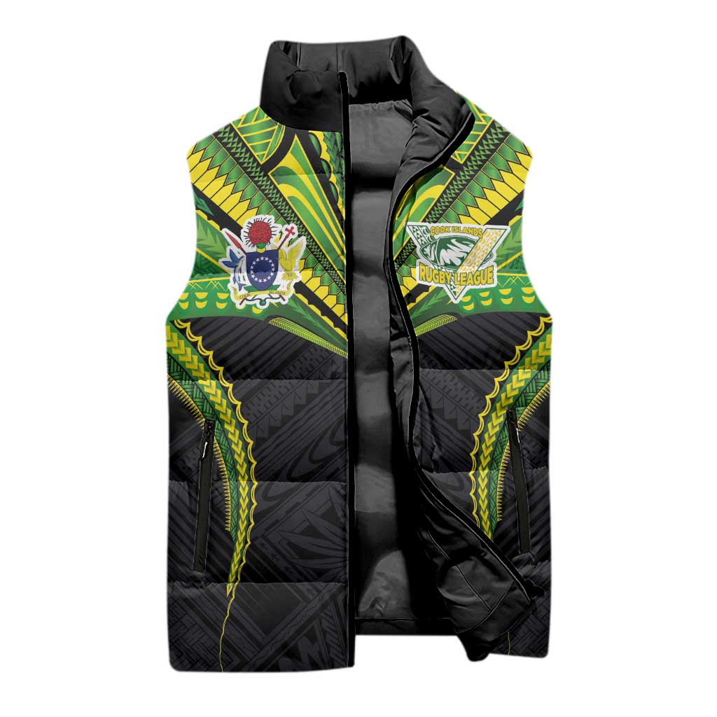 Custom Cook Islands Rugby Sleeveless Puffer Jacket Tatau Art Sport Style Black Color
