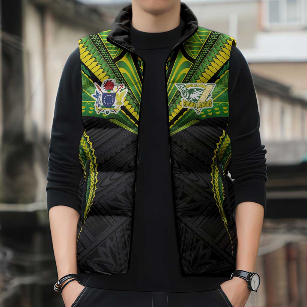 Custom Cook Islands Rugby Sleeveless Puffer Jacket Tatau Art Sport Style Black Color