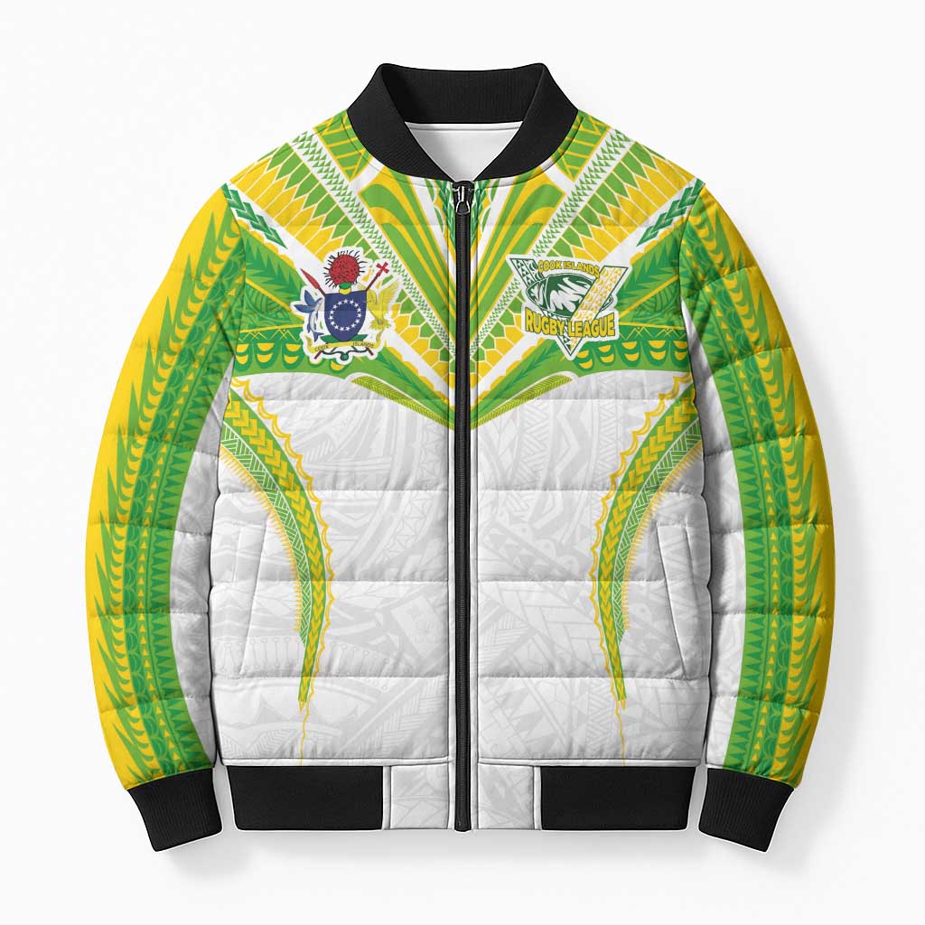 Custom Cook Islands Rugby Bomber Puffer Jacket Tatau Art Sport Style White Color