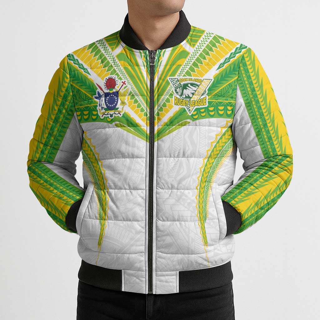 Custom Cook Islands Rugby Bomber Puffer Jacket Tatau Art Sport Style White Color