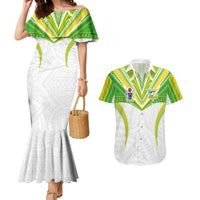 Custom Cook Islands Rugby Couples Matching Mermaid Dress and Hawaiian Shirt Tatau Art Sport Style White Color