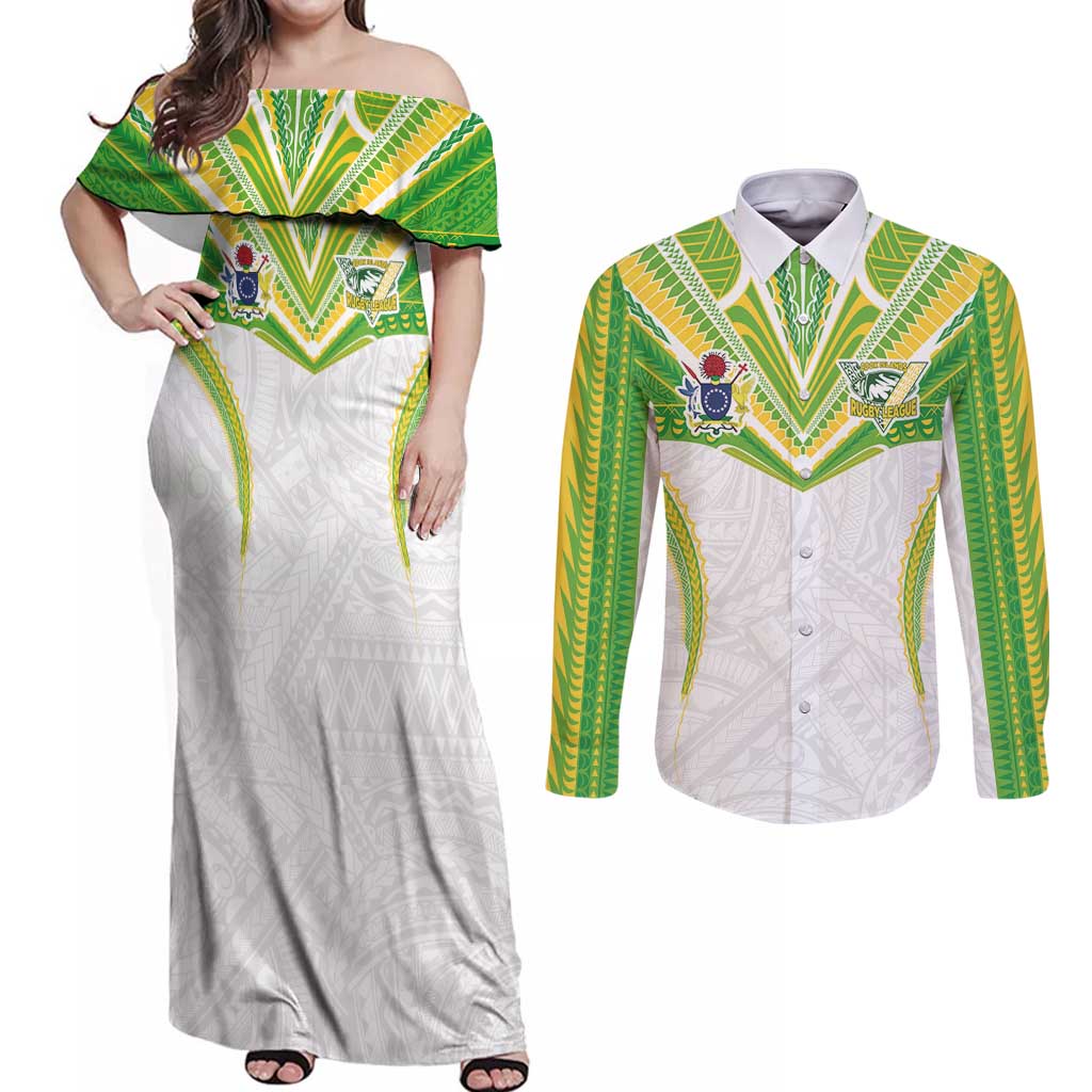 Custom Cook Islands Rugby Couples Matching Off Shoulder Maxi Dress and Long Sleeve Button Shirt Tatau Art Sport Style White Color