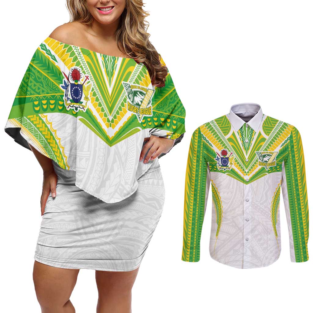Custom Cook Islands Rugby Couples Matching Off Shoulder Short Dress and Long Sleeve Button Shirt Tatau Art Sport Style White Color