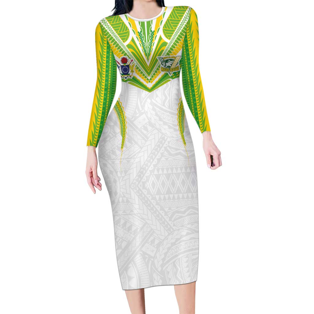 Custom Cook Islands Rugby Long Sleeve Bodycon Dress Tatau Art Sport Style White Color