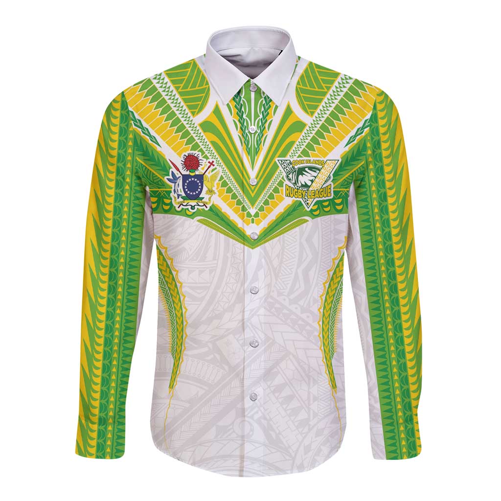 Custom Cook Islands Rugby Long Sleeve Button Shirt Tatau Art Sport Style White Color