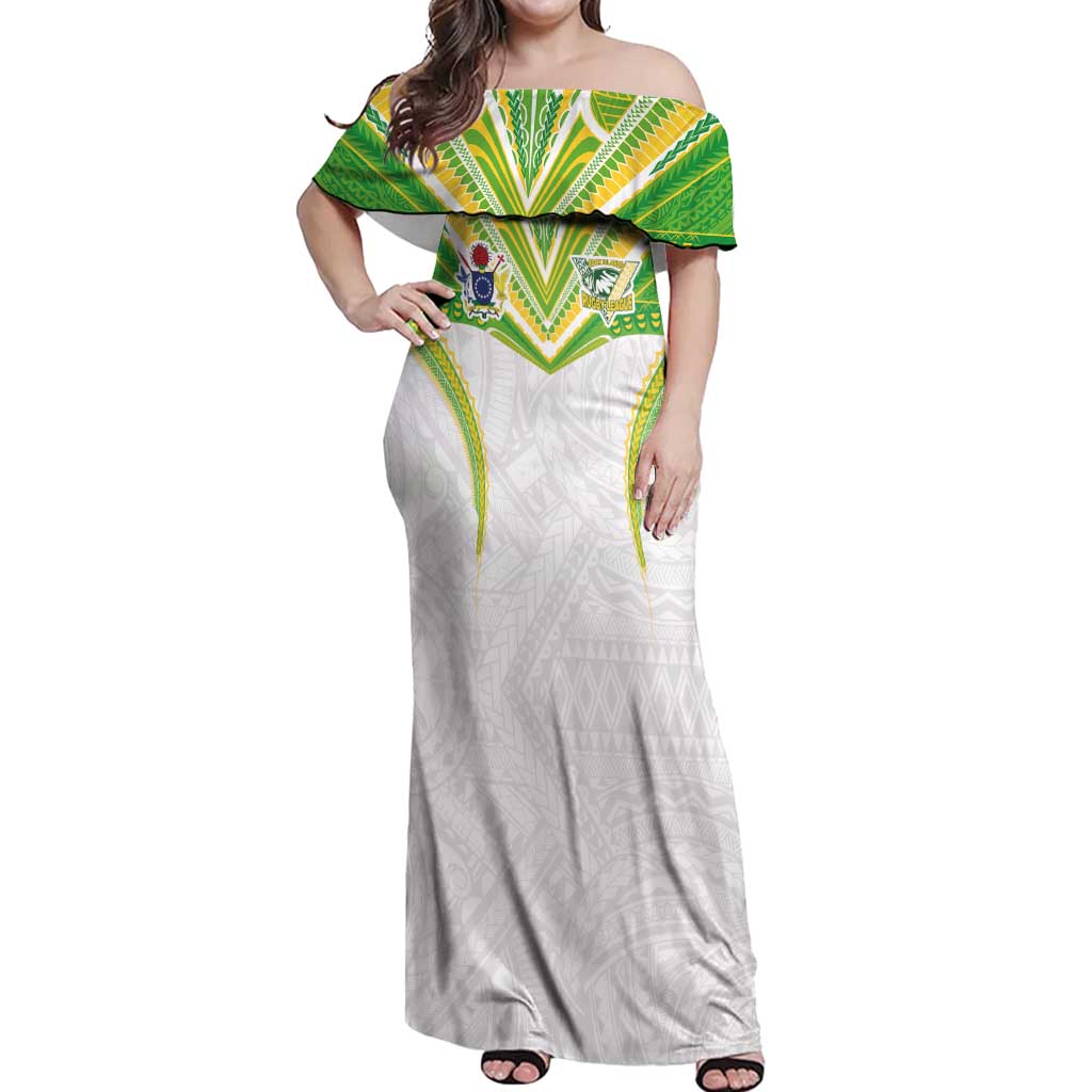 Custom Cook Islands Rugby Off Shoulder Maxi Dress Tatau Art Sport Style White Color