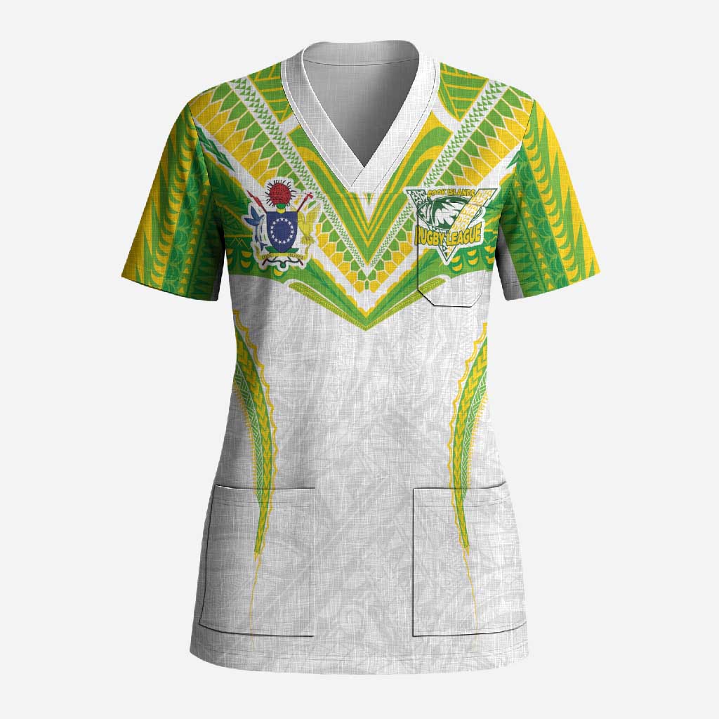 Custom Cook Islands Rugby Scrub Top Tatau Art Sport Style White Color
