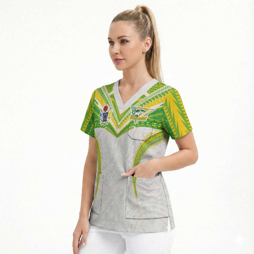 Custom Cook Islands Rugby Scrub Top Tatau Art Sport Style White Color