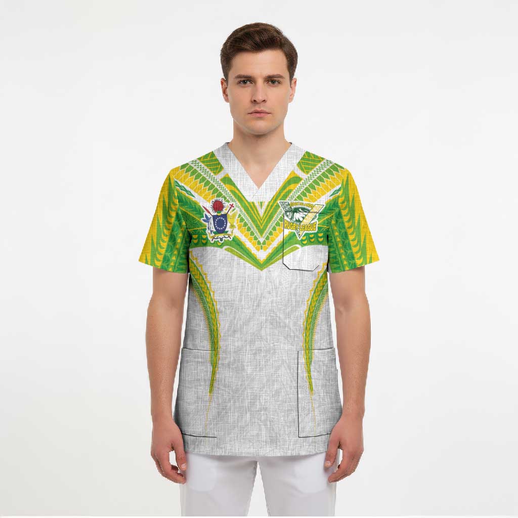Custom Cook Islands Rugby Scrub Top Tatau Art Sport Style White Color