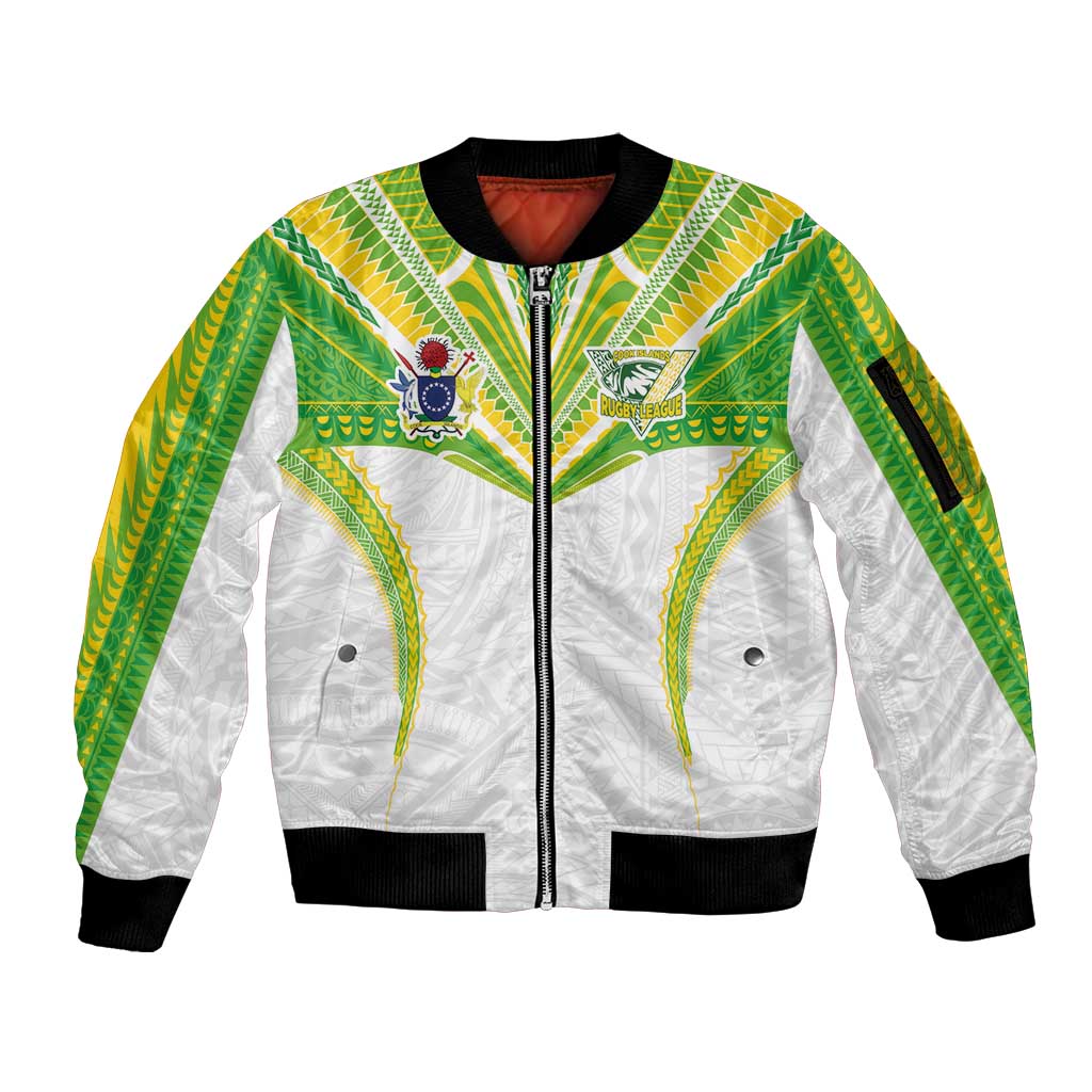 Custom Cook Islands Rugby Sleeve Zip Bomber Jacket Tatau Art Sport Style White Color