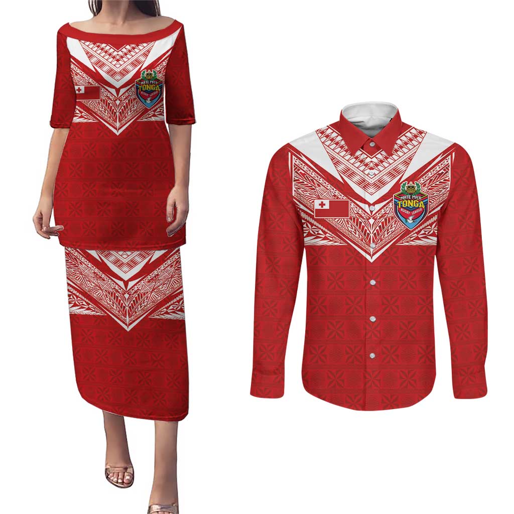 Custom Tonga Rugby Couples Matching Puletasi and Long Sleeve Button Shirt Ngatu Motifs and Pacific Patterns