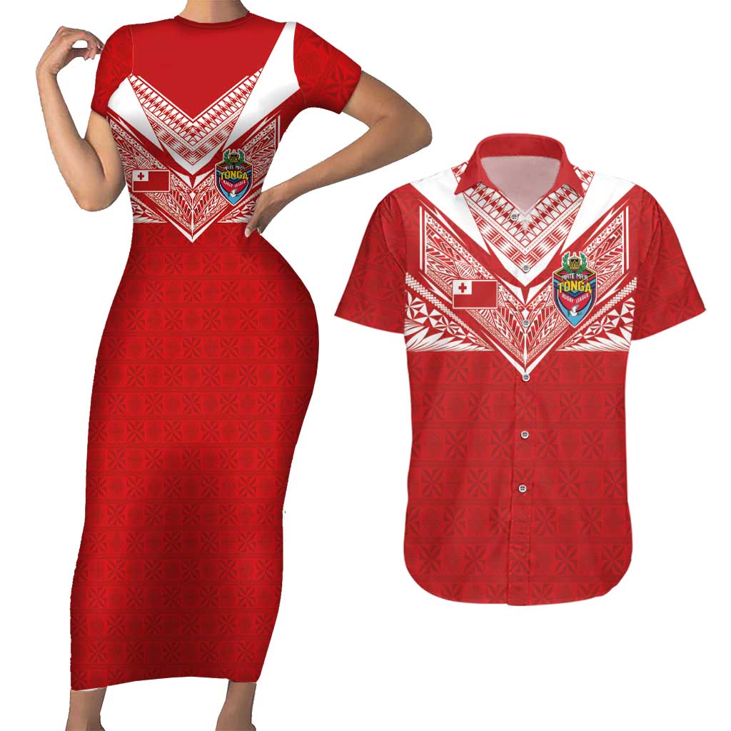 Custom Tonga Rugby Couples Matching Short Sleeve Bodycon Dress and Hawaiian Shirt Ngatu Motifs and Pacific Patterns LT03 Red - Polynesian Pride