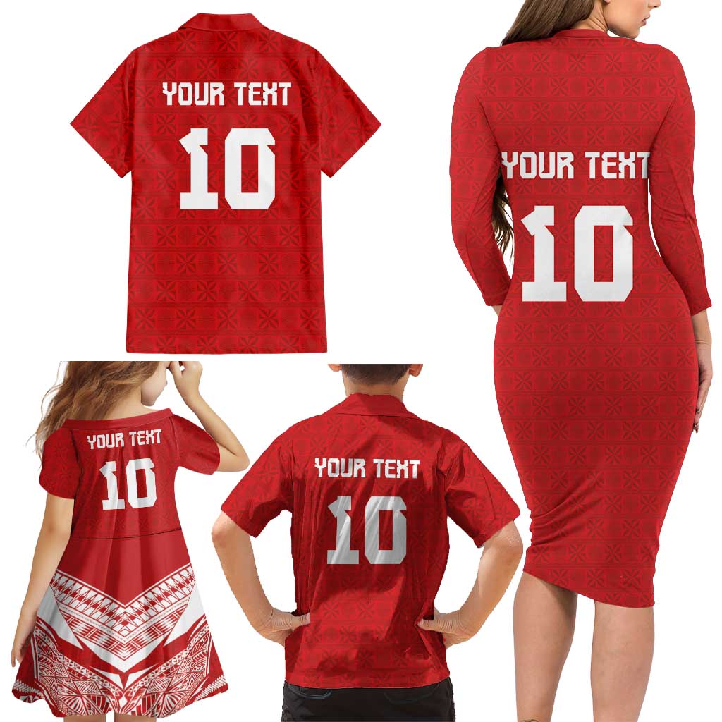 Custom Tonga Rugby Family Matching Long Sleeve Bodycon Dress and Hawaiian Shirt Ngatu Motifs and Pacific Patterns
