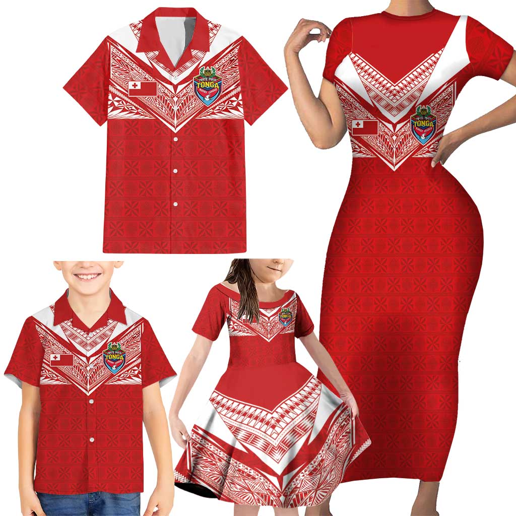 Custom Tonga Rugby Family Matching Short Sleeve Bodycon Dress and Hawaiian Shirt Ngatu Motifs and Pacific Patterns