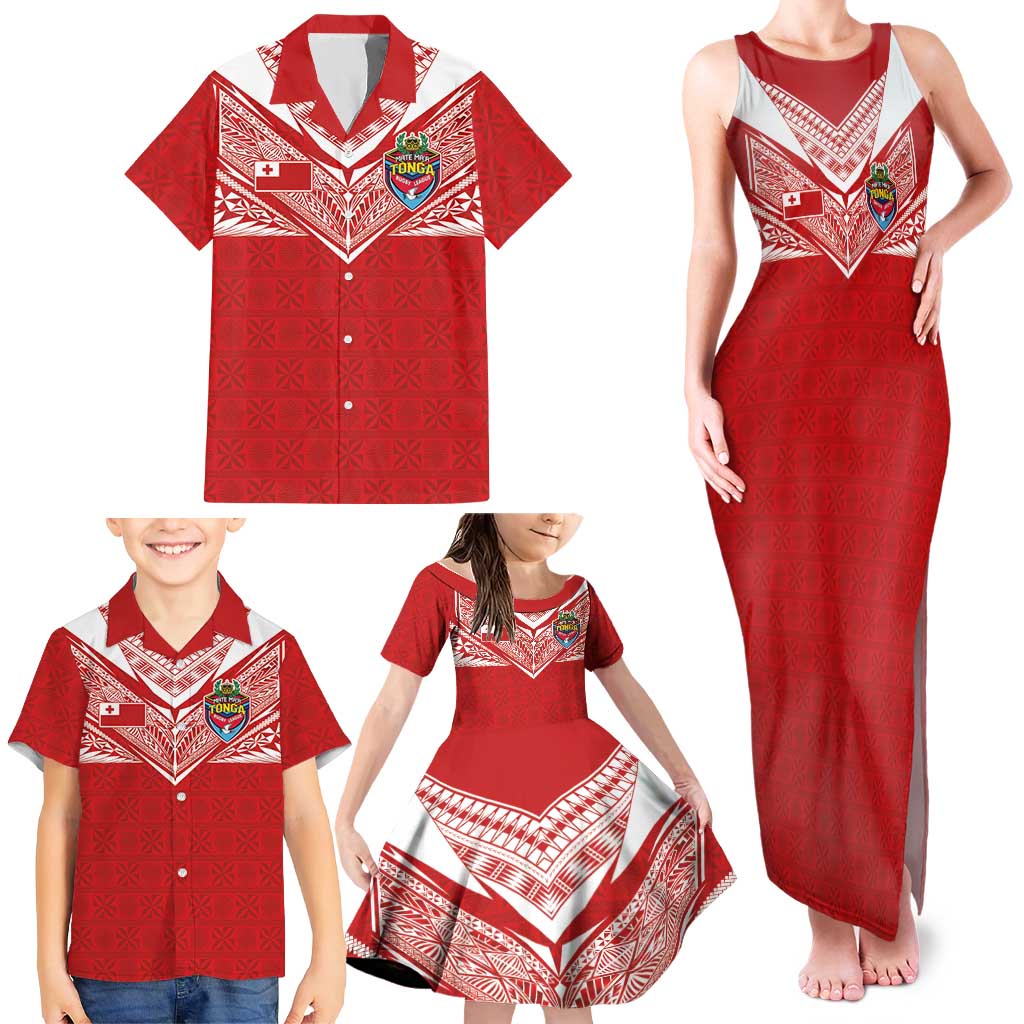 Custom Tonga Rugby Family Matching Tank Maxi Dress and Hawaiian Shirt Ngatu Motifs and Pacific Patterns