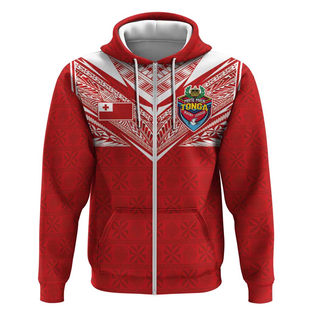 Custom Tonga Rugby Hoodie Ngatu Motifs and Pacific Patterns LT03 Zip Hoodie Red - Polynesian Pride