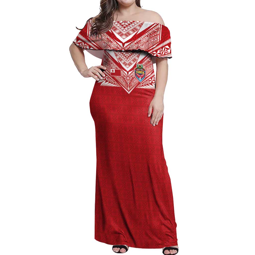 Custom Tonga Rugby Off Shoulder Maxi Dress Ngatu Motifs and Pacific Patterns