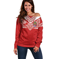 Custom Tonga Rugby Off Shoulder Sweater Ngatu Motifs and Pacific Patterns
