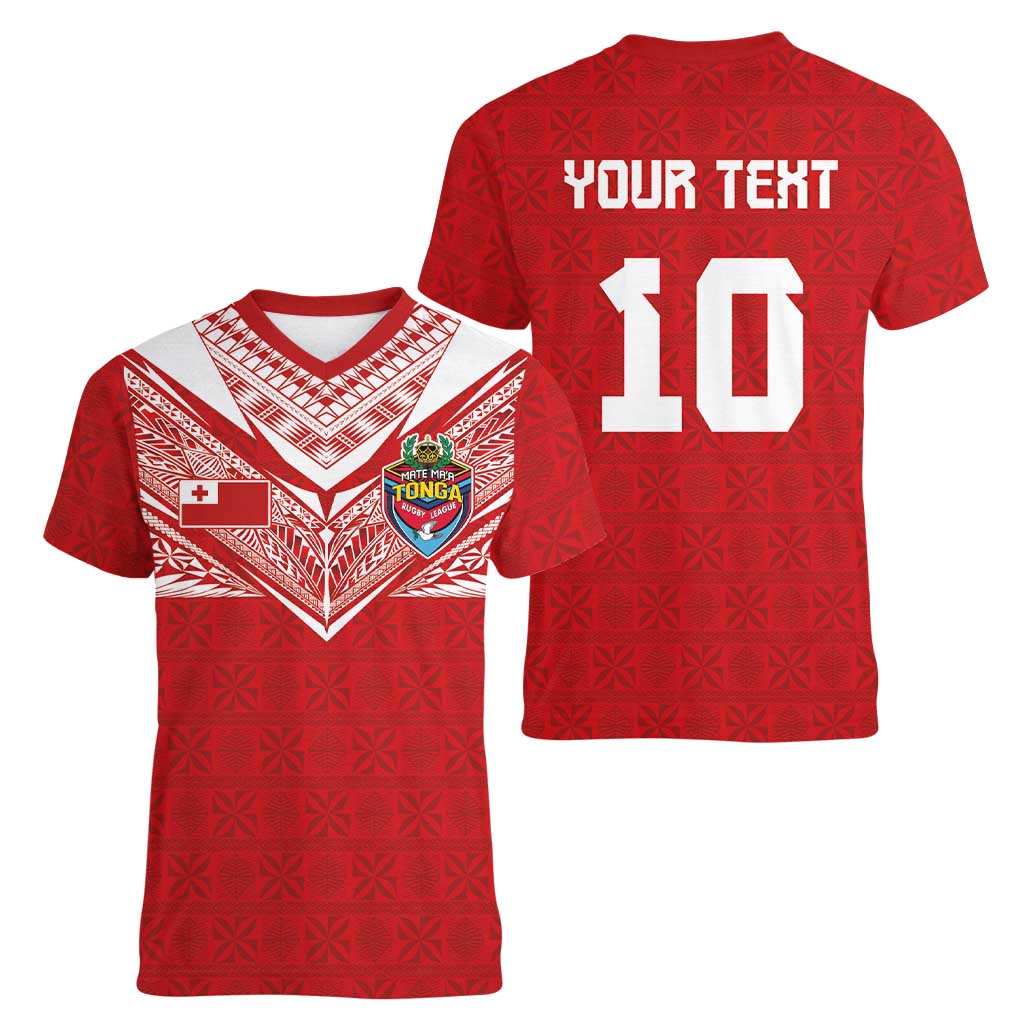 Custom Tonga Rugby Women V-Neck T-Shirt Ngatu Motifs and Pacific Patterns