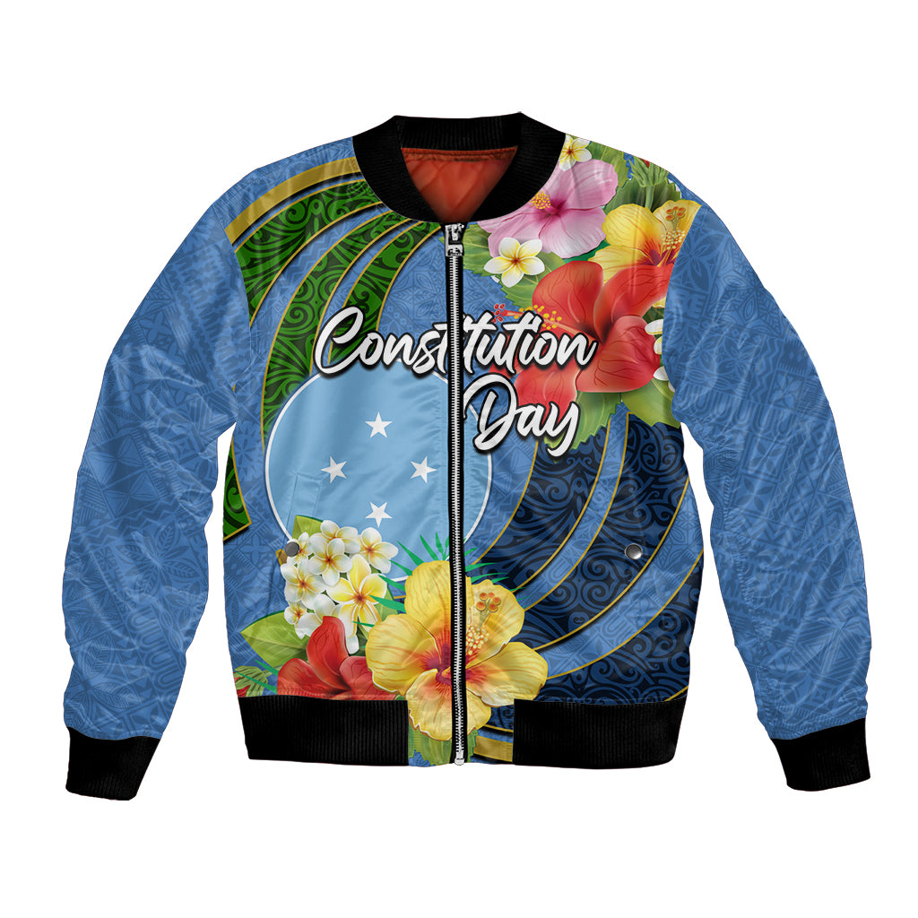 Micronesia Constitution Day Bomber Jacket Hibiscus and Tapa Tribal Pattern LT03 Unisex Blue - Polynesian Pride