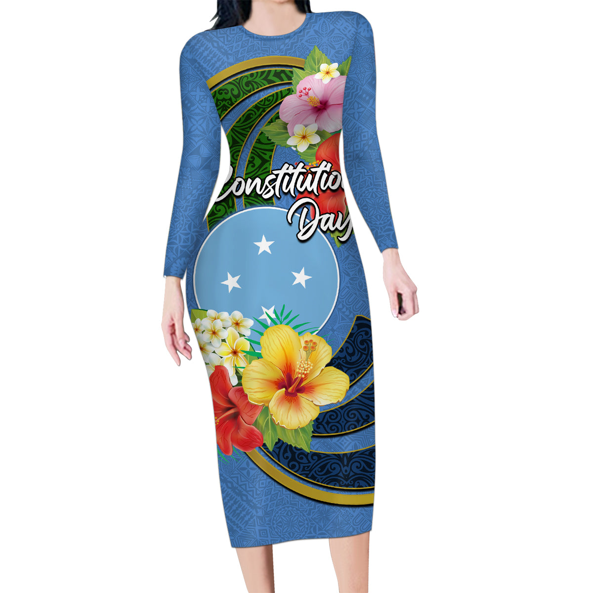 Micronesia Constitution Day Family Matching Long Sleeve Bodycon Dress and Hawaiian Shirt Hibiscus and Tapa Tribal Pattern LT03 Mom's Dress Blue - Polynesian Pride