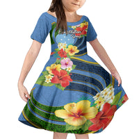 Micronesia Constitution Day Family Matching Off Shoulder Short Dress and Hawaiian Shirt Hibiscus and Tapa Tribal Pattern LT03 Daughter's Dress Blue - Polynesian Pride