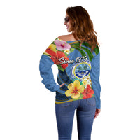 Micronesia Constitution Day Off Shoulder Sweater Hibiscus and Tapa Tribal Pattern LT03 - Polynesian Pride