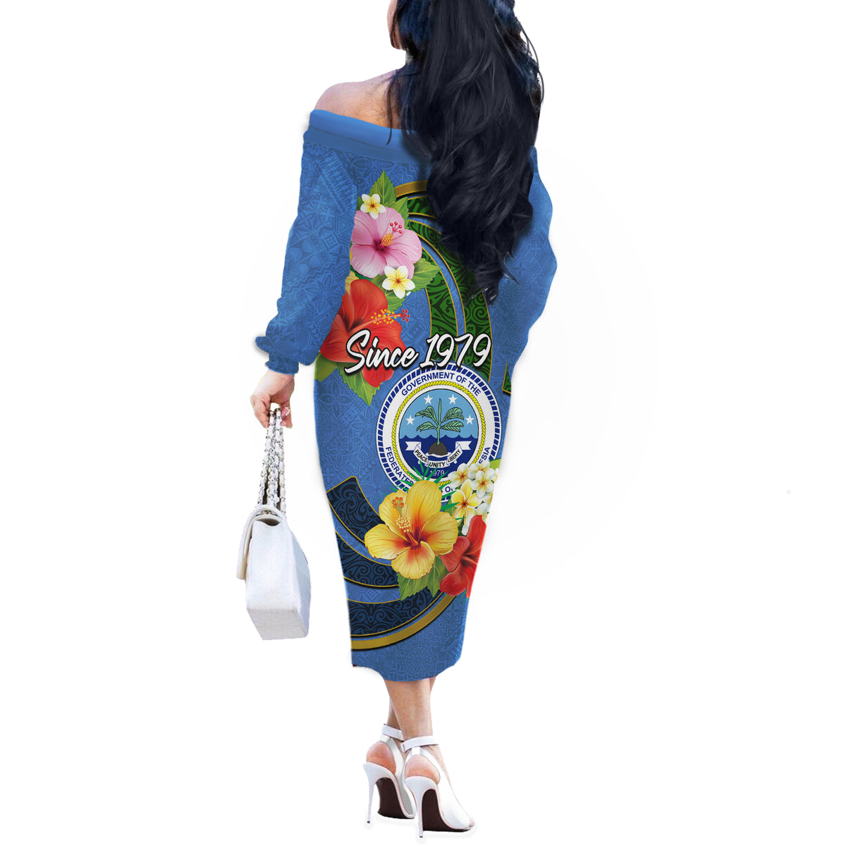 Micronesia Constitution Day Off The Shoulder Long Sleeve Dress Hibiscus and Tapa Tribal Pattern LT03 - Polynesian Pride