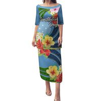 Micronesia Constitution Day Puletasi Hibiscus and Tapa Tribal Pattern LT03 Long Dress Blue - Polynesian Pride