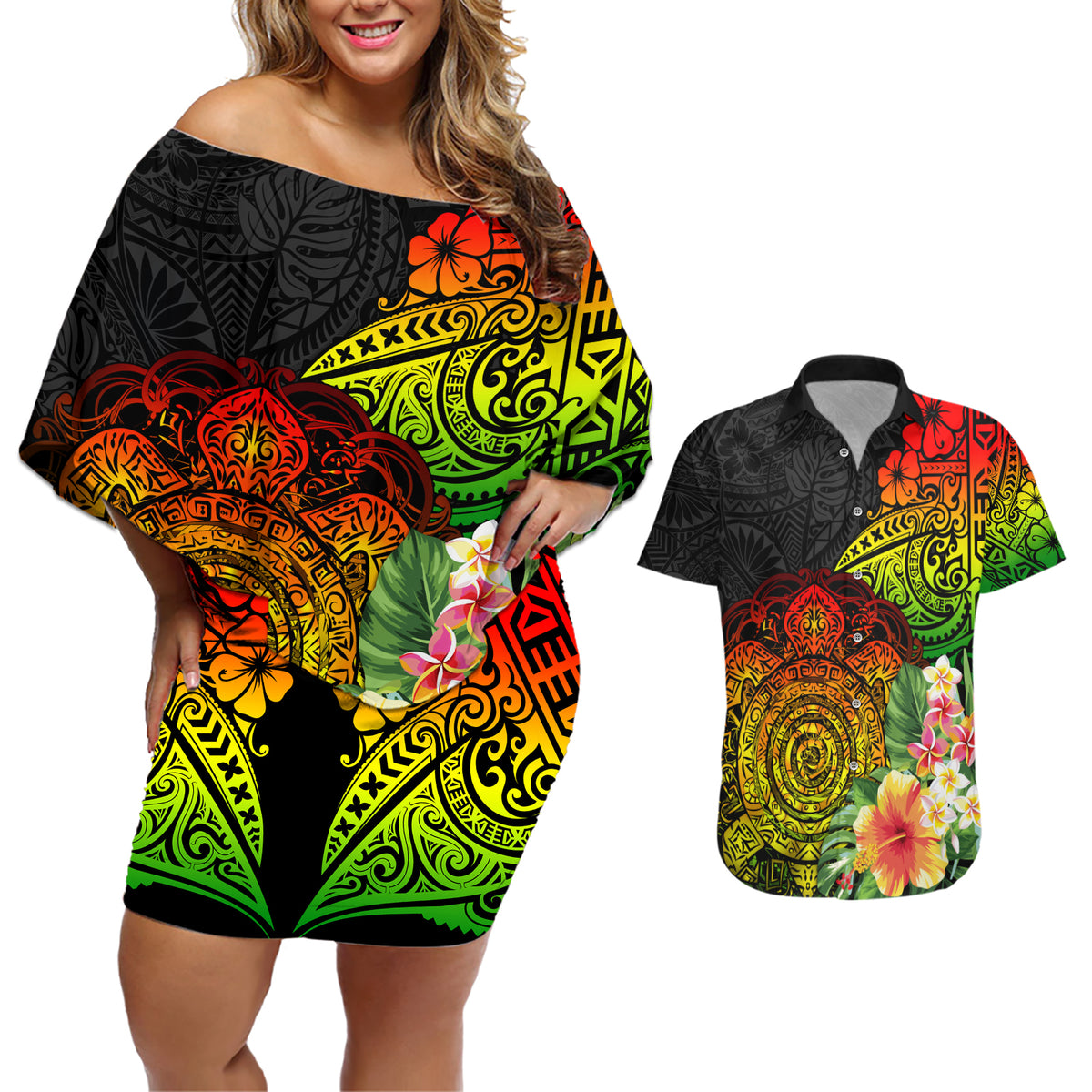 Polynesia Victory Day Couples Matching Off Shoulder Short Dress and Hawaiian Shirt Tribal Turtle and Hibiscus LT03 Reggae - Polynesian Pride