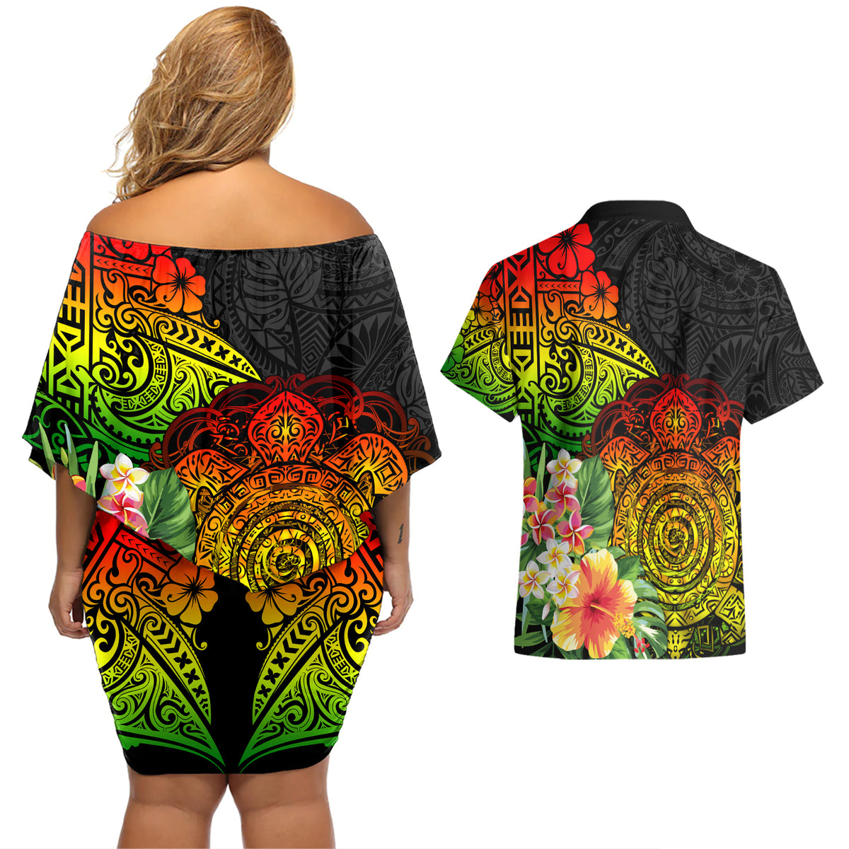 Polynesia Victory Day Couples Matching Off Shoulder Short Dress and Hawaiian Shirt Tribal Turtle and Hibiscus LT03 - Polynesian Pride