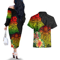 Polynesia Victory Day Couples Matching Off The Shoulder Long Sleeve Dress and Hawaiian Shirt Tribal Turtle and Hibiscus LT03 - Polynesian Pride