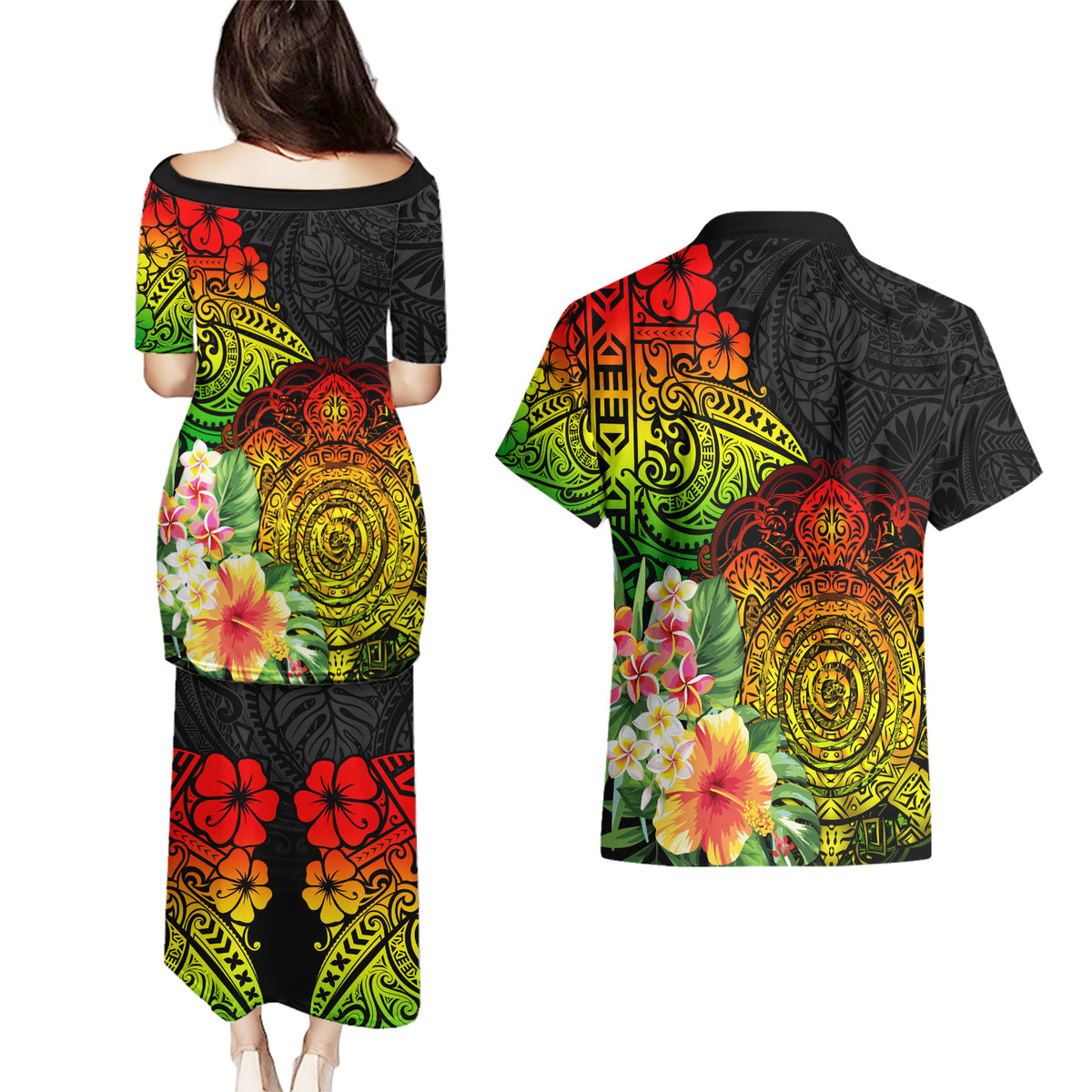 Polynesia Victory Day Couples Matching Puletasi and Hawaiian Shirt Tribal Turtle and Hibiscus LT03 - Polynesian Pride