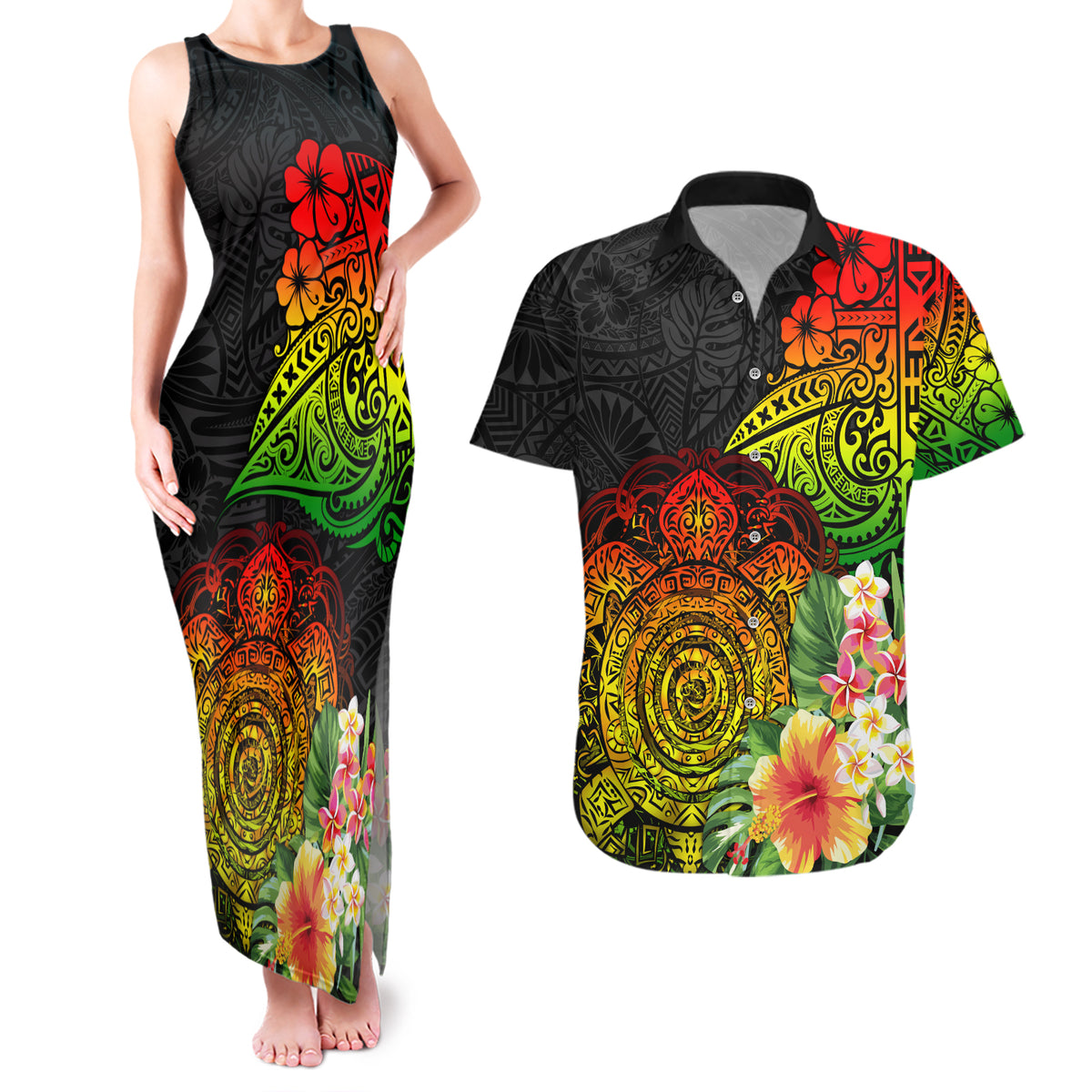 Polynesia Victory Day Couples Matching Tank Maxi Dress and Hawaiian Shirt Tribal Turtle and Hibiscus LT03 Reggae - Polynesian Pride