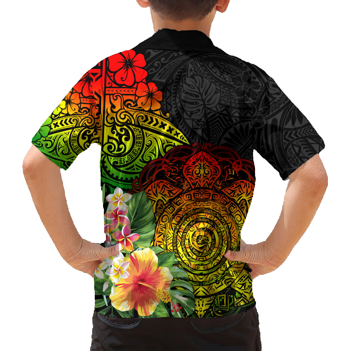 Polynesia Victory Day Family Matching Off Shoulder Long Sleeve Dress and Hawaiian Shirt Tribal Turtle and Hibiscus LT03 - Polynesian Pride
