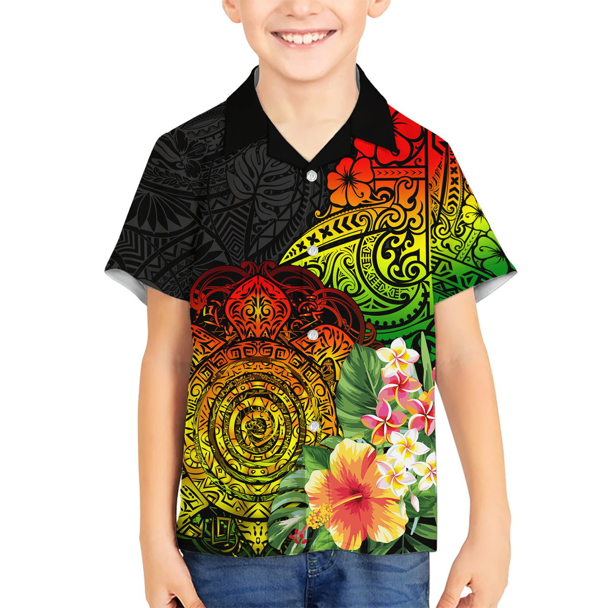 Polynesia Victory Day Kid Hawaiian Shirt Tribal Turtle and Hibiscus LT03 Kid Reggae - Polynesian Pride