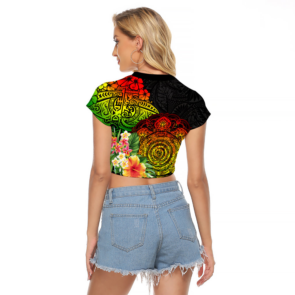 Polynesia Victory Day Raglan Cropped T Shirt Tribal Turtle and Hibiscus LT03 - Polynesian Pride