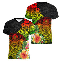 Polynesia Victory Day Women V Neck T Shirt Tribal Turtle and Hibiscus LT03 - Polynesian Pride