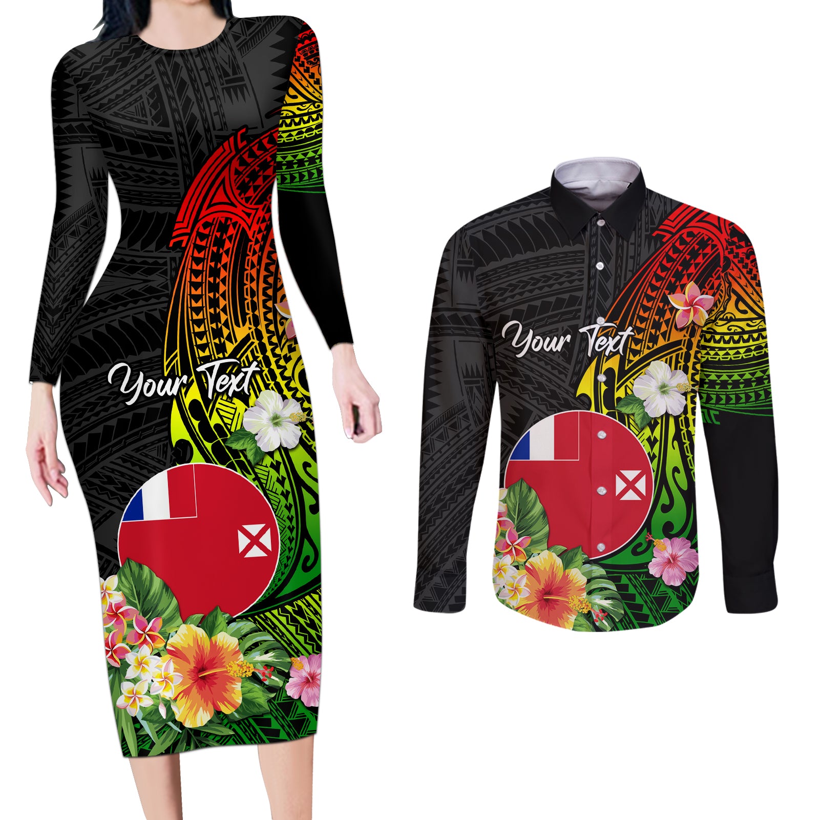 Wallis and Futuna Victory Day Couples Matching Long Sleeve Bodycon Dress and Long Sleeve Button Shirt Tribal Polynesian Tattoo and Hibiscus Flower LT03 Reggae - Polynesian Pride