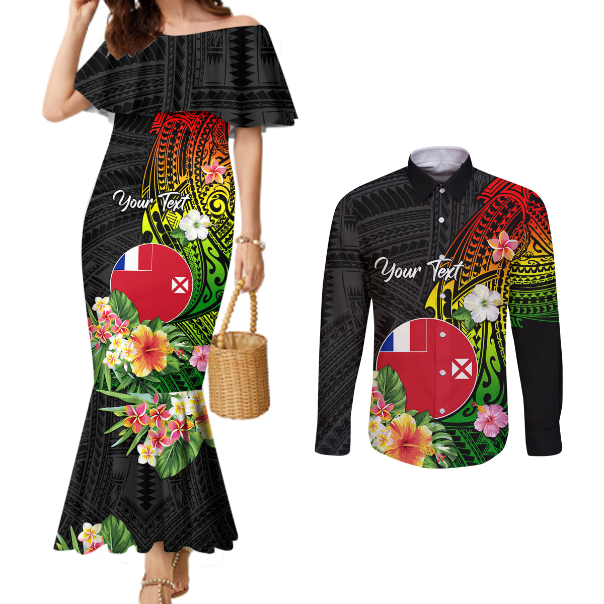 Wallis and Futuna Victory Day Couples Matching Mermaid Dress and Long Sleeve Button Shirt Tribal Polynesian Tattoo and Hibiscus Flower LT03 Reggae - Polynesian Pride