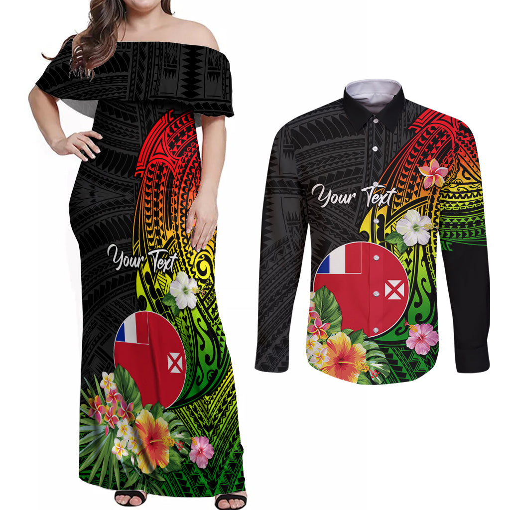 Wallis and Futuna Victory Day Couples Matching Off Shoulder Maxi Dress and Long Sleeve Button Shirt Tribal Polynesian Tattoo and Hibiscus Flower LT03 Reggae - Polynesian Pride