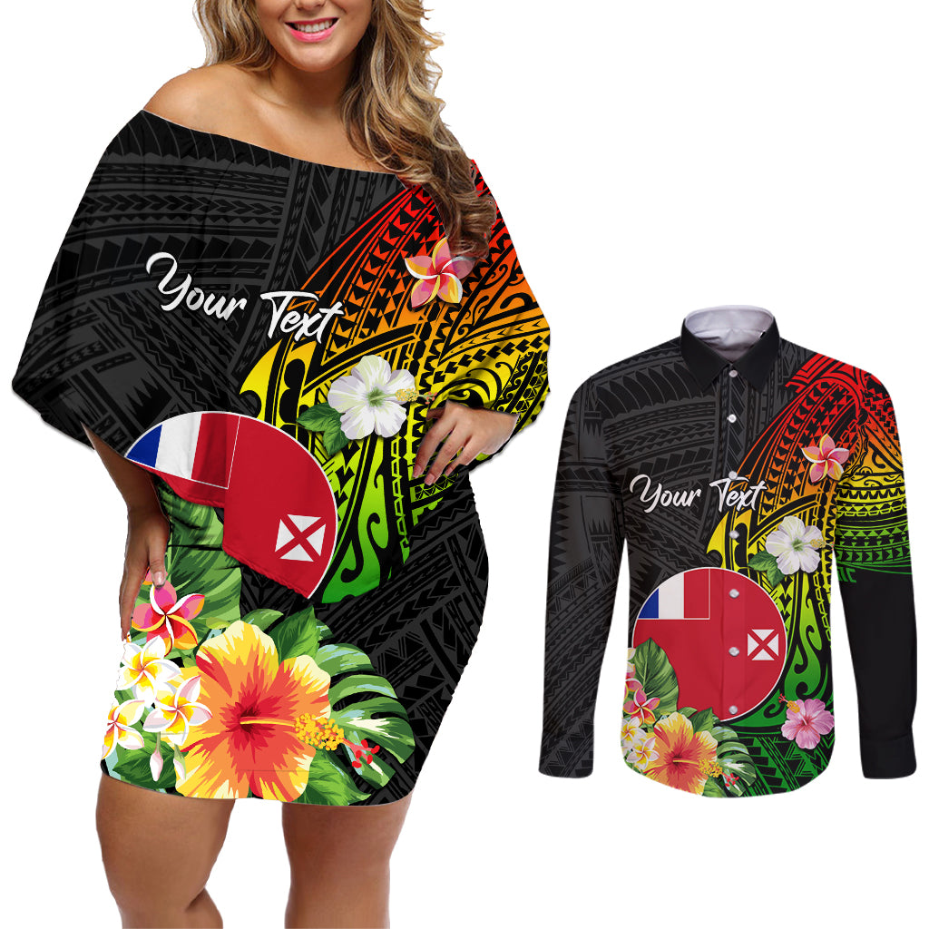 Wallis and Futuna Victory Day Couples Matching Off Shoulder Short Dress and Long Sleeve Button Shirt Tribal Polynesian Tattoo and Hibiscus Flower LT03 Reggae - Polynesian Pride
