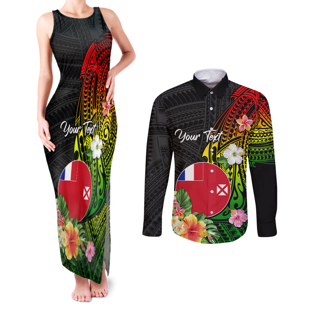 Wallis and Futuna Victory Day Couples Matching Tank Maxi Dress and Long Sleeve Button Shirt Tribal Polynesian Tattoo and Hibiscus Flower LT03 Reggae - Polynesian Pride