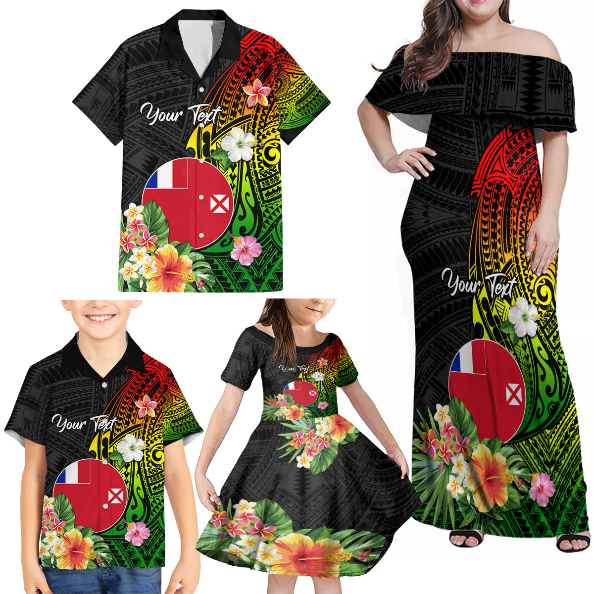 Wallis and Futuna Victory Day Family Matching Off Shoulder Maxi Dress and Hawaiian Shirt Tribal Polynesian Tattoo and Hibiscus Flower LT03 - Polynesian Pride