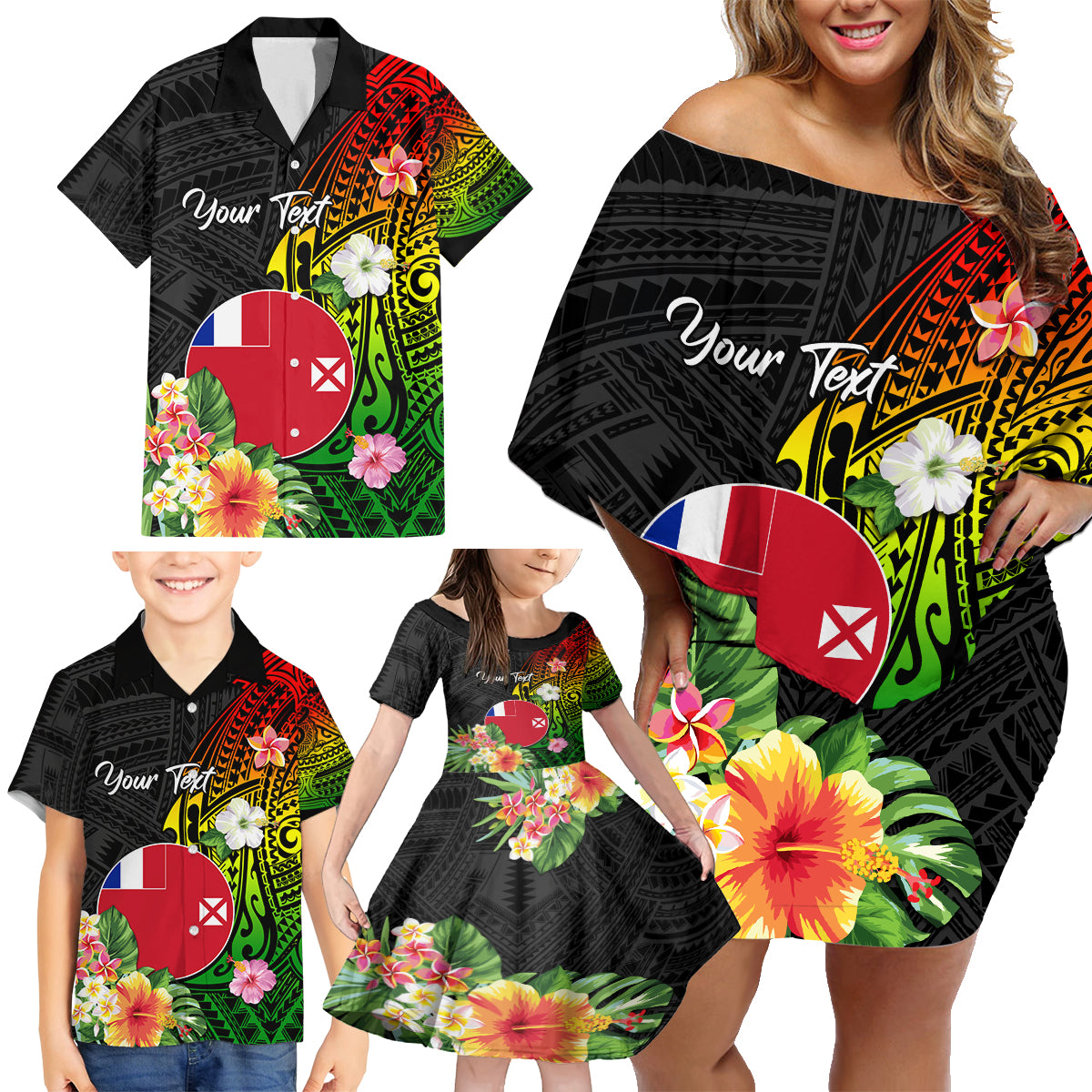 Wallis and Futuna Victory Day Family Matching Off Shoulder Short Dress and Hawaiian Shirt Tribal Polynesian Tattoo and Hibiscus Flower LT03 - Polynesian Pride